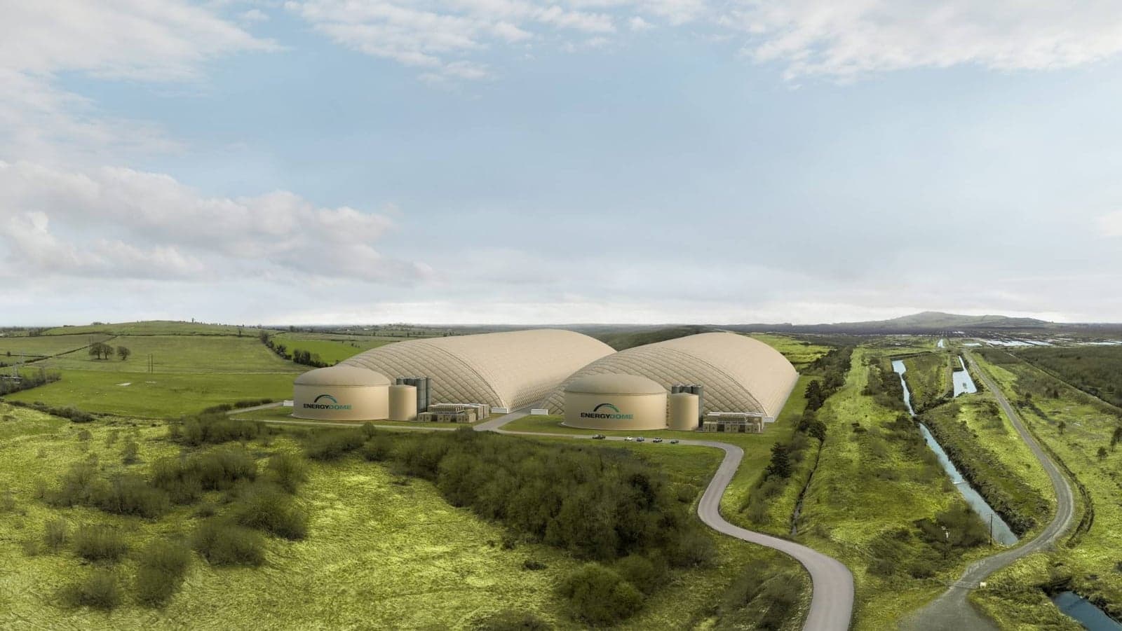 Rendering of Energy Dome's CO2 Battery project near Rhode, County Offaly, Ireland.