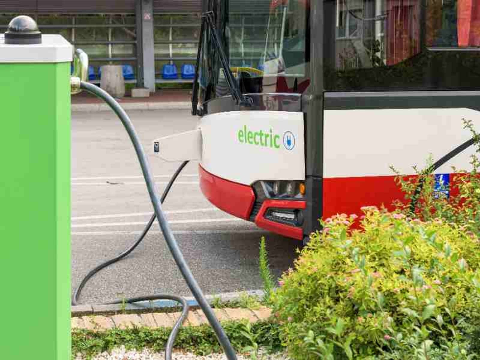 Closeup of electric bus of public transport at the charging station