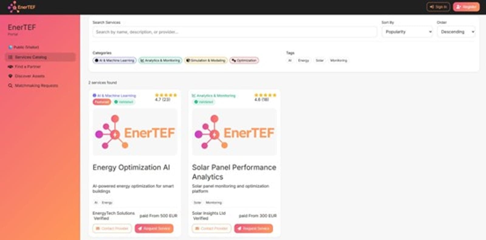 EnerTEF portal at early development stage.