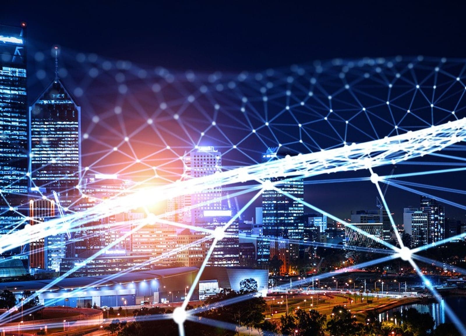 Modern city buildings and connection grid. 3d rendering