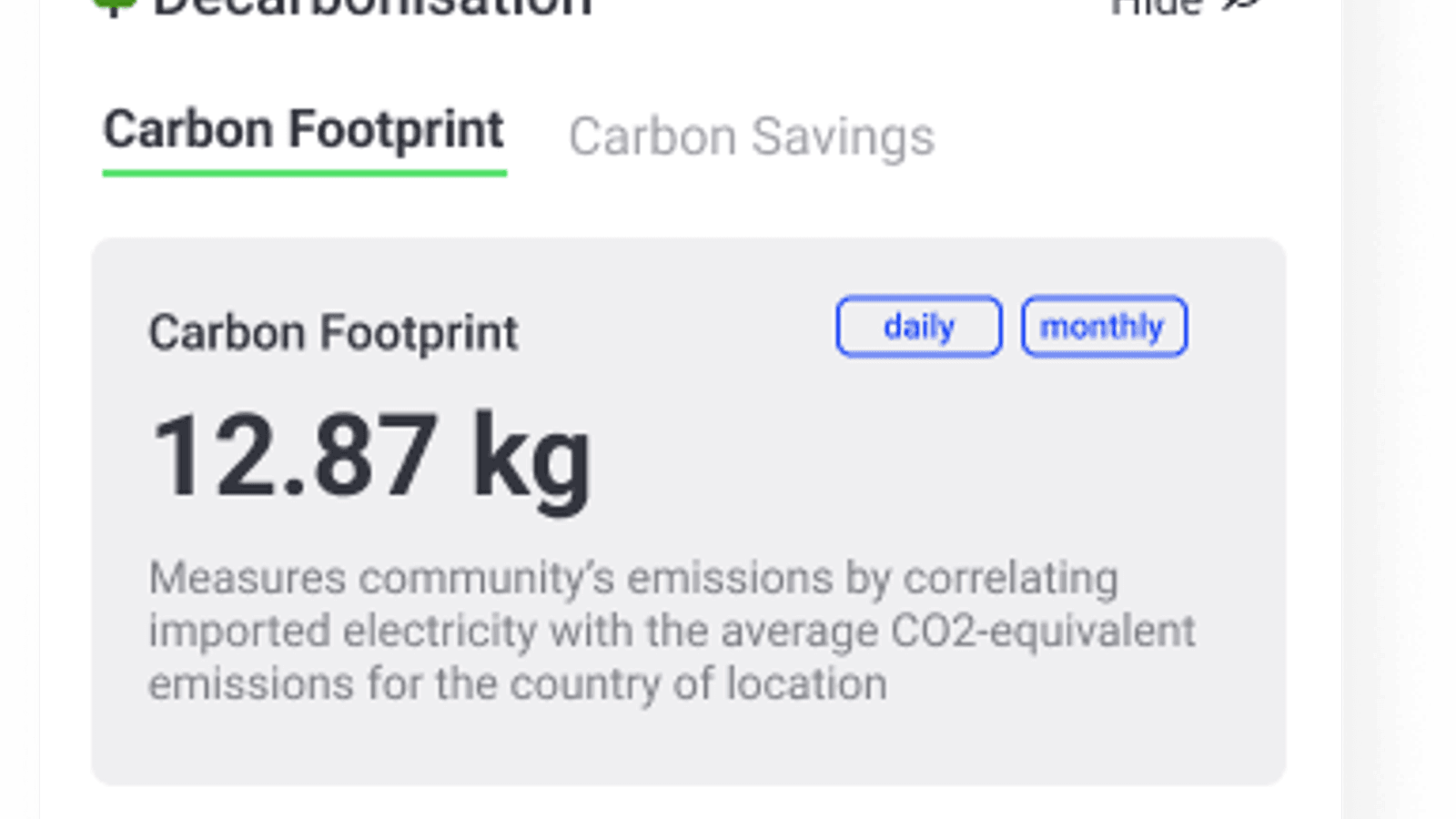 Example of l. carbon footprint and r. carbon savings results in Grid Singularity’s simulation tool interface.