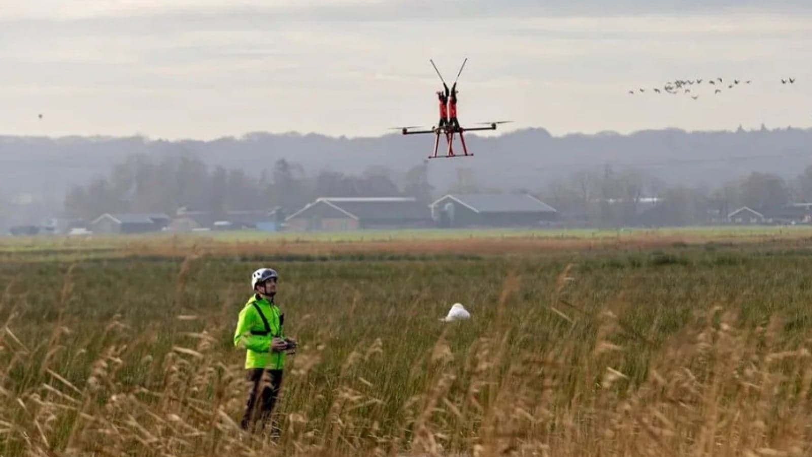 Drone installation of bird protection markers piloted by TenneT