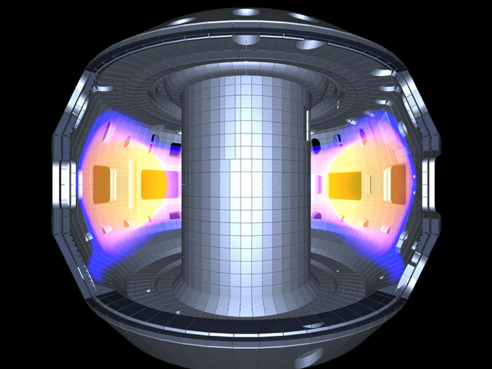 Negative triangularity plasma produced in the DIII-D tokamak during an experimental campaign dedicated to exploring this scenario.