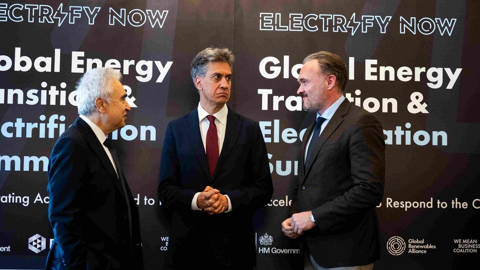 IEA executive director Fatih Birol, UK Energy Secretary Ed Miliband and European Commissioner for Energy and Housing Dan Jørgensen at the Global Energy Transition and Electrification Summit.
